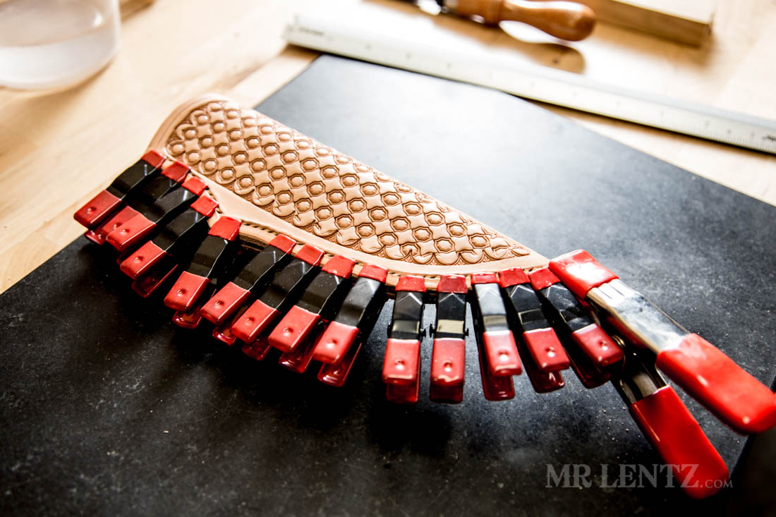 gluing and clamping leather on a knife sheath