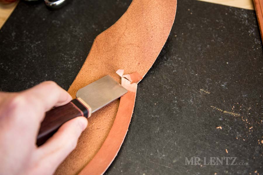 skiving the welt on an axe sheath