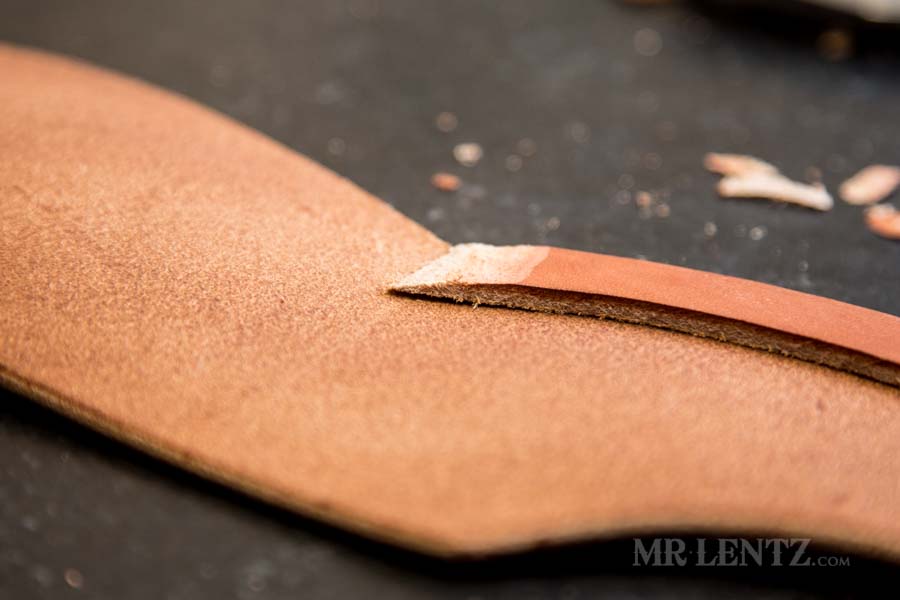 skived welt on leather axe sheath