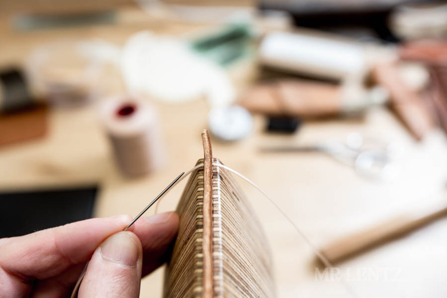making the first stitch when sewing leather