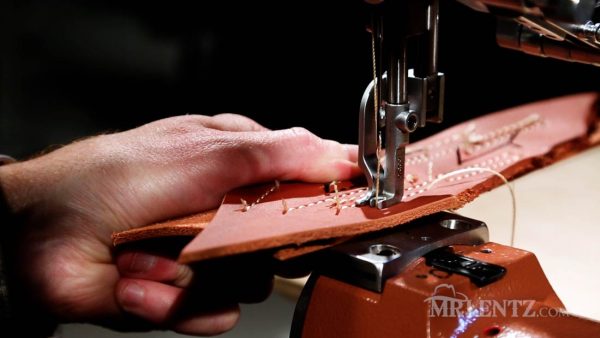 sewing a test piece of leather on the leather sewing machine