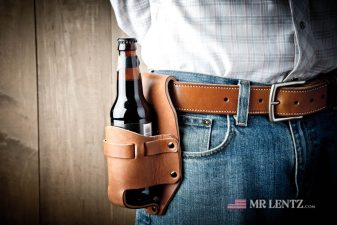 wearing a beer holster in brown leather