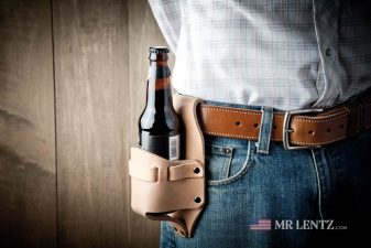 wearing a tan leather beer holster