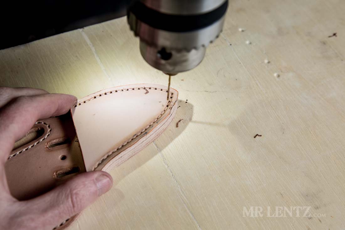 drilling holes in thick leather knife sheath to make stitching easier