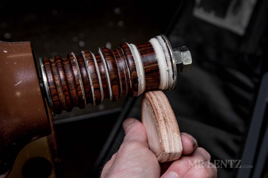 burnishing the edge of a knife sheath using a power burnisher with cocobolo
