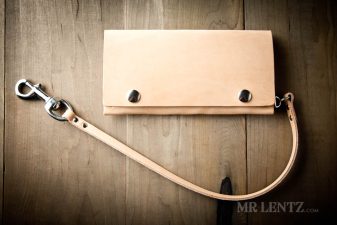 handmade trucker wallet in tan with leather chain