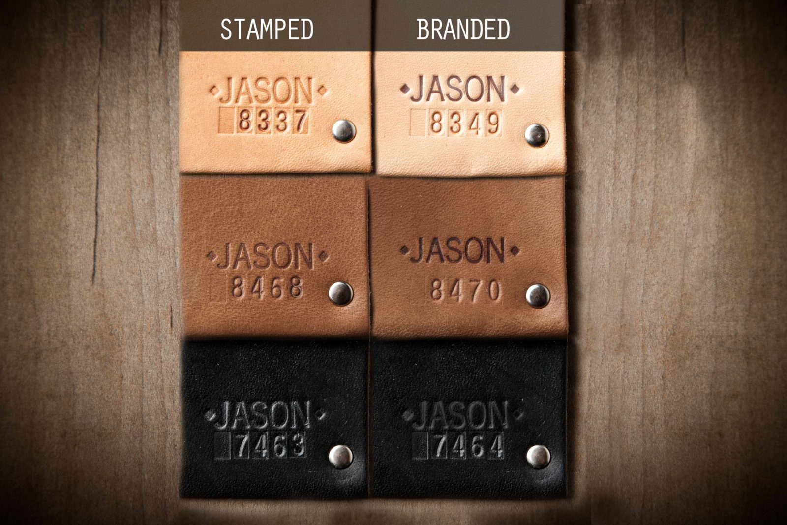 personalization examples on different colors of leather
