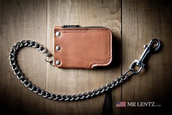 steel chain on handmade zip wallet