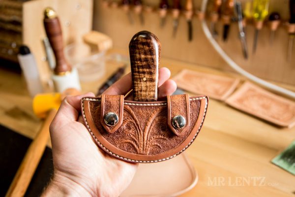 leather round knife sheath carved