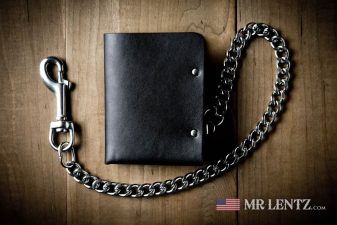slim leather wallet with stainless steel chain usa made black color