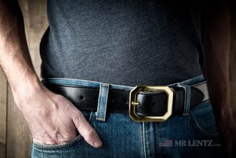 wearing black leather gun belt with banker buckle
