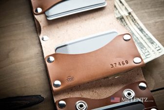 closeup of trifold wallet in brown leather