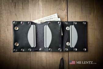 open trifold snap wallet in black leather