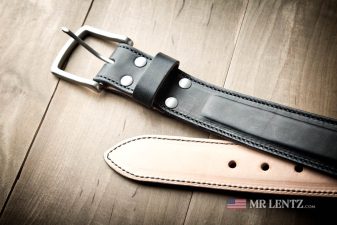 front and back of a wide leather dress belt