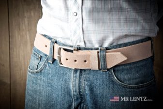 wearing a wide rough out leather belt